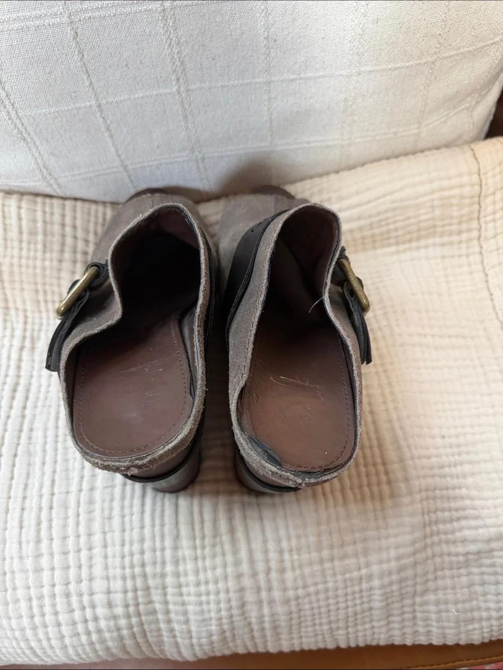 Franco Sarto Taupe Suede Open-Toe Wedge Mules